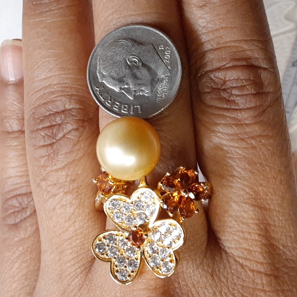 925  Golden South Sea Pearl, Madeira Citrine, White Zircons Ring. 10.5mm FIRM. - Picture 13 of 17